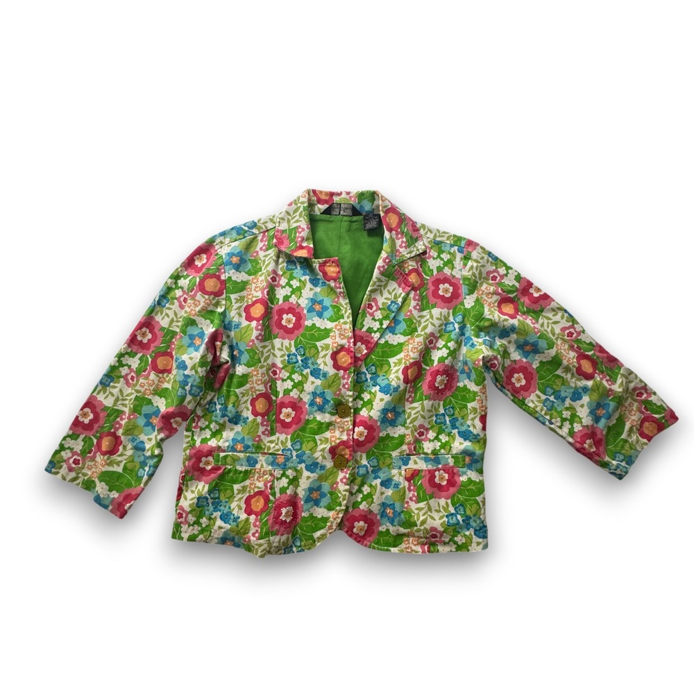 New Identity Womens Floral Blazer Jacket Sequin Beaded Cotton Green Pink Medium